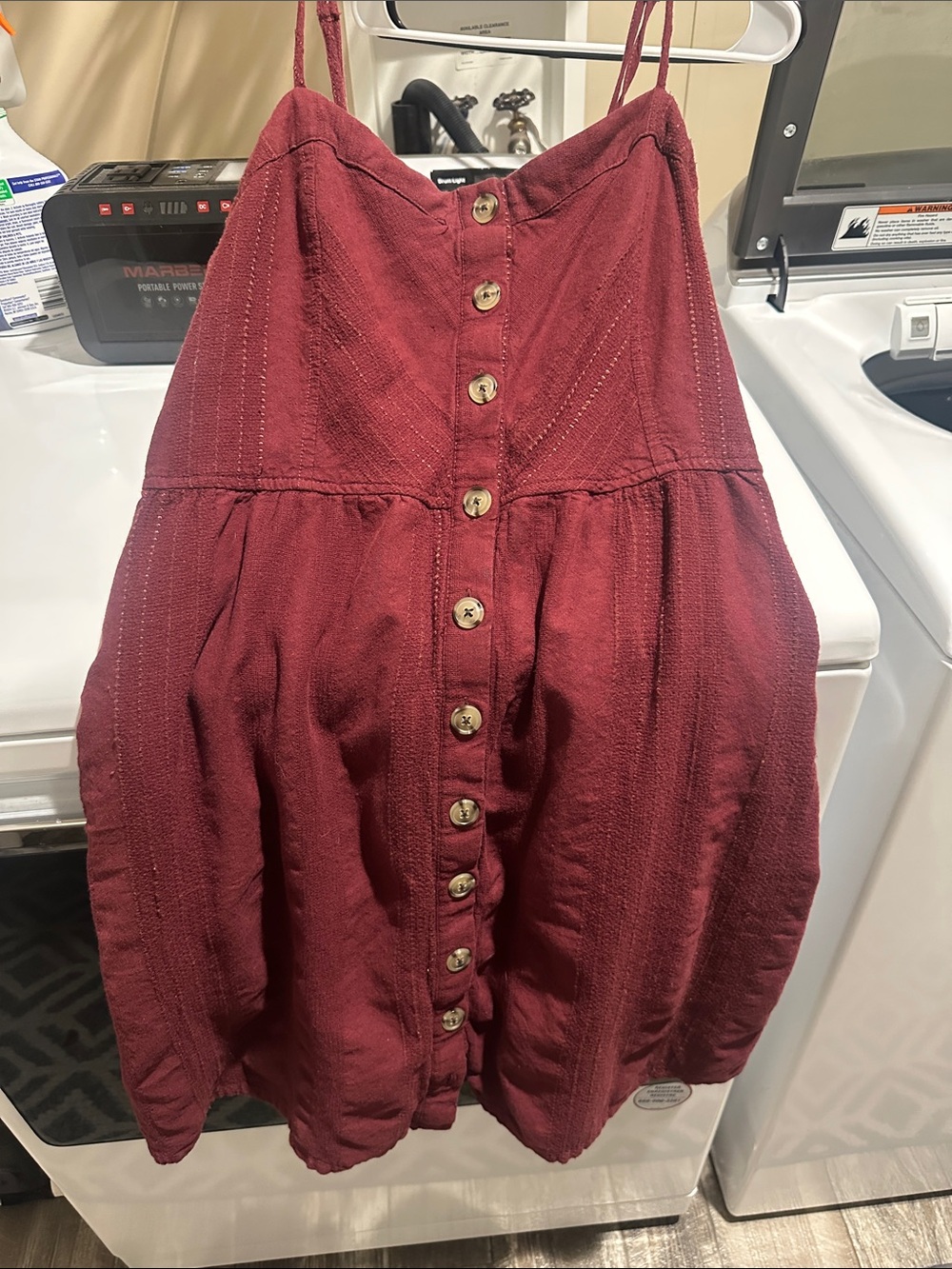 Maroon button up dress.
